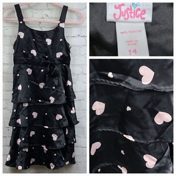 Justice Girls 14 Black Satin Sleeveless Fit & Flare Tier Ruffle Pink Heart Dress - Picture 1 of 11